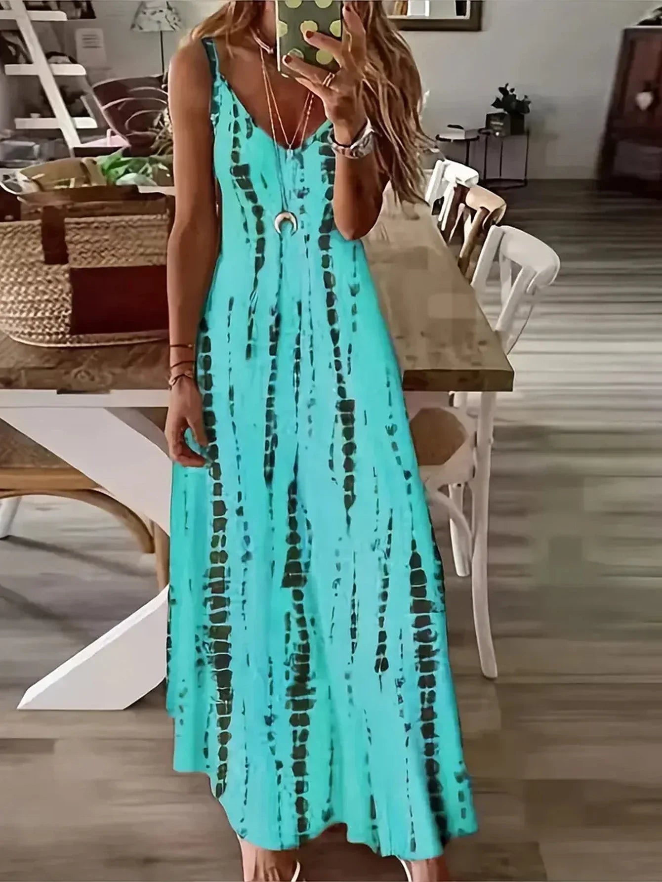 LB | Damska sukienka maxi z dekoltem V w kolorze tie-dye