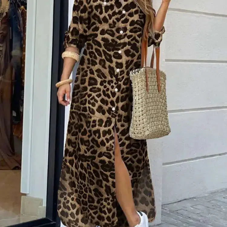 LB | Vintage Leopard Maxi Dress Jesienna sukienka z długim rękawem Oversized Sunday Dress