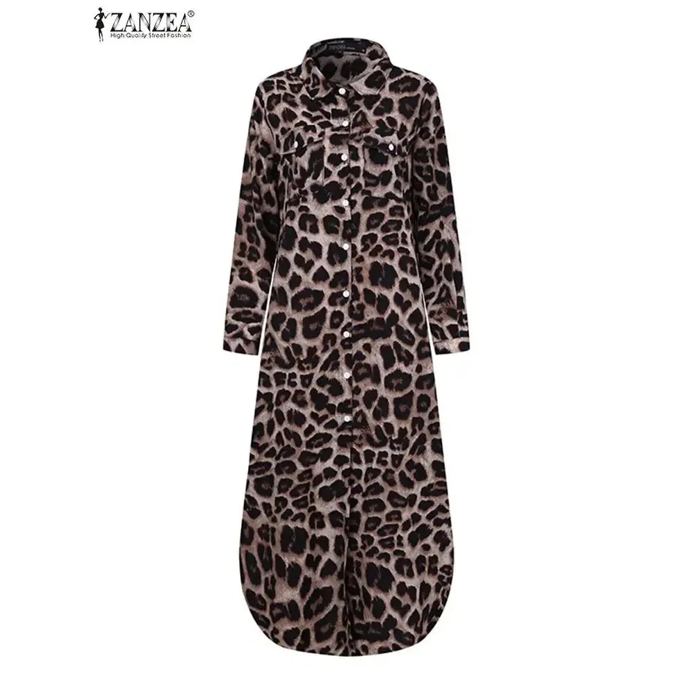 LB | Vintage Leopard Maxi Dress Jesienna sukienka z długim rękawem Oversized Sunday Dress