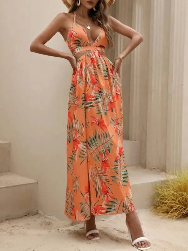 LB | letnia damska sukienka maxi z nadrukiem w stylu bohemy z kokardą bez pleców elegancka sukienka plażowa dla kobiet
