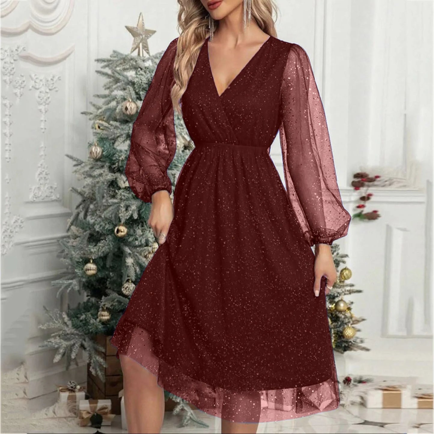 LB | A-Line Mini sukienka wieczorowa z długim rękawem i siateczką V Neck Glitter Party Club Tiulowa sukienka wizytowa z wysokim stanem