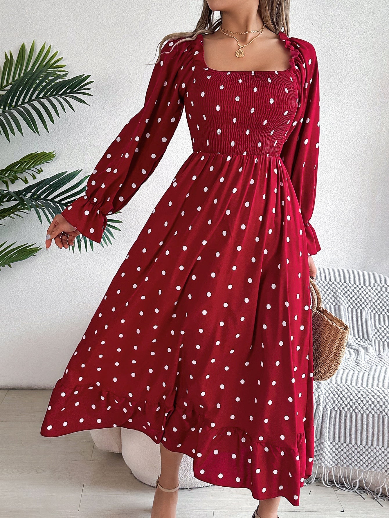 AS | Casual Square Collar Polka Dot Swing Dress s dřevěnýma ušima