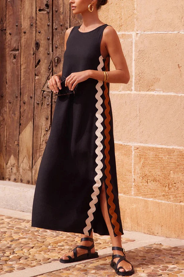 LB | Vacation Villa Side Ric Rac Wave Trim Slit Luźna sukienka maxi