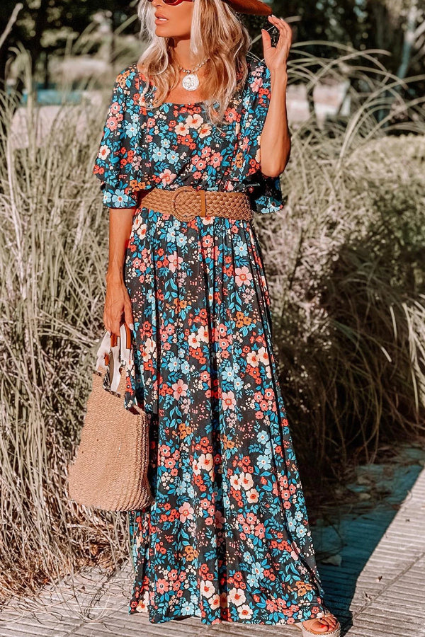 LB | Sky Blue Boho Floral Print Knotted Backless Maxi Dress