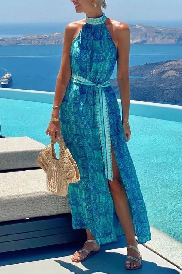 LB | Bohemian Unique Print Rozcięcie w pasie Sukienka Maxi z wysokim kołnierzem