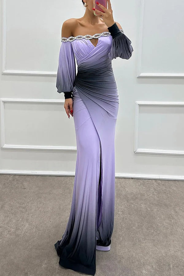 LB | Julieta Gradient Print Boat Neck Off Shoulder Gemstone Detail Slit Dress Maxi Dress