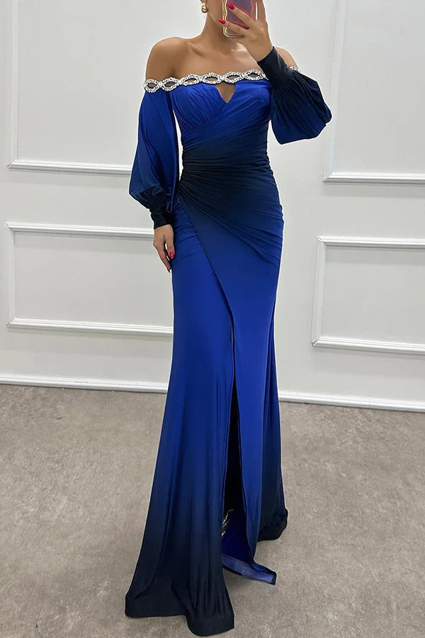 LB | Julieta Gradient Print Boat Neck Off Shoulder Gemstone Detail Slit Dress Maxi Dress