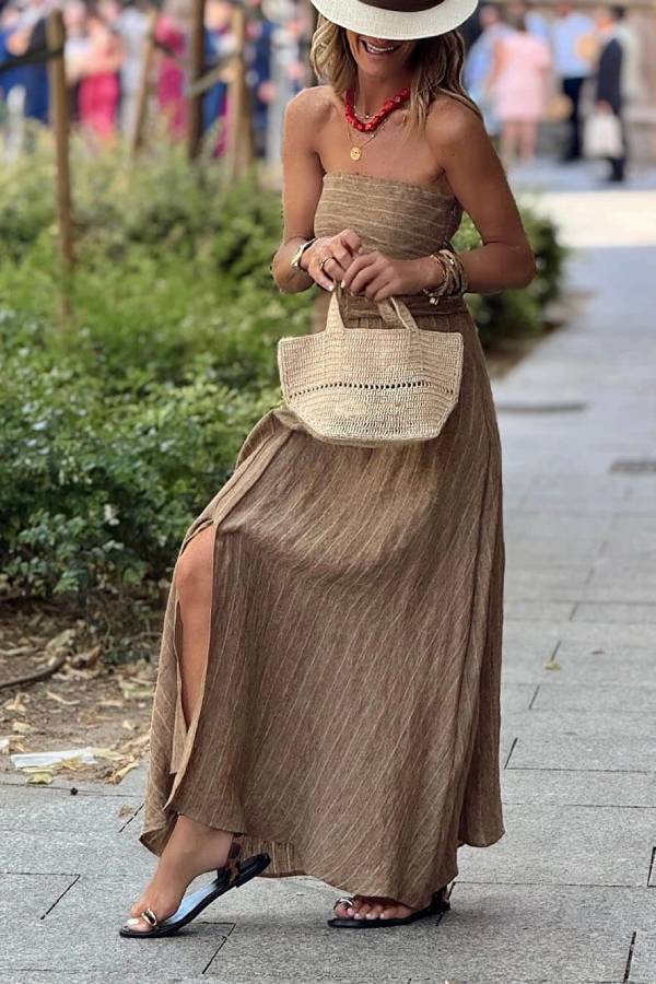 LB | Retro Unique Stripe Print Ruffled Slit Linen Maxi Dress