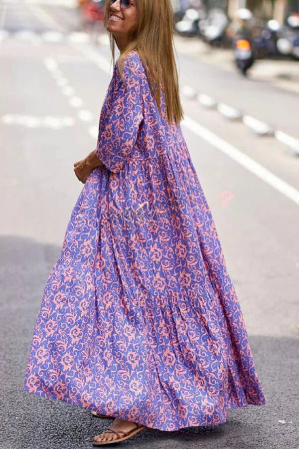 LB | Fashion Pattern Printed Half Sleeve Loose Swing Maxi Dresse