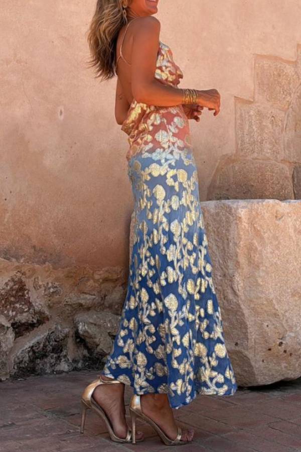LB | Tie Dye Ombre Gold Floral Print Sexy Strappy Maxi Dress