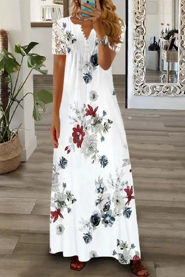 LB | Boho Floral V Neck Button Lace Sleeve Holiday Beach Maxi Dress
