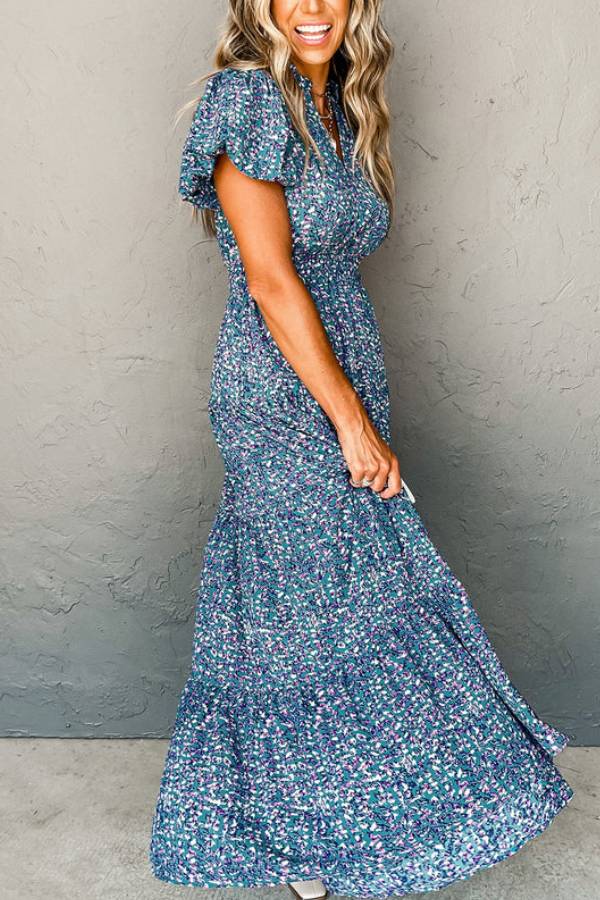 LB | Blue Abstract Print Split V-Neck Shirred High Waist Maxi Dress