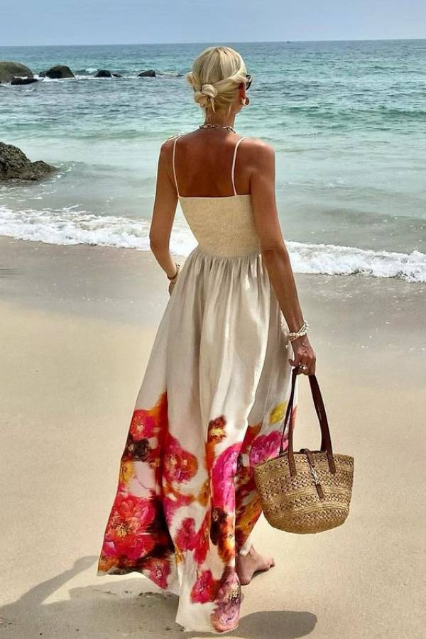 LB | Hidden Garden Satin Floral Print Smocked Off Shoulder Maxi Dress