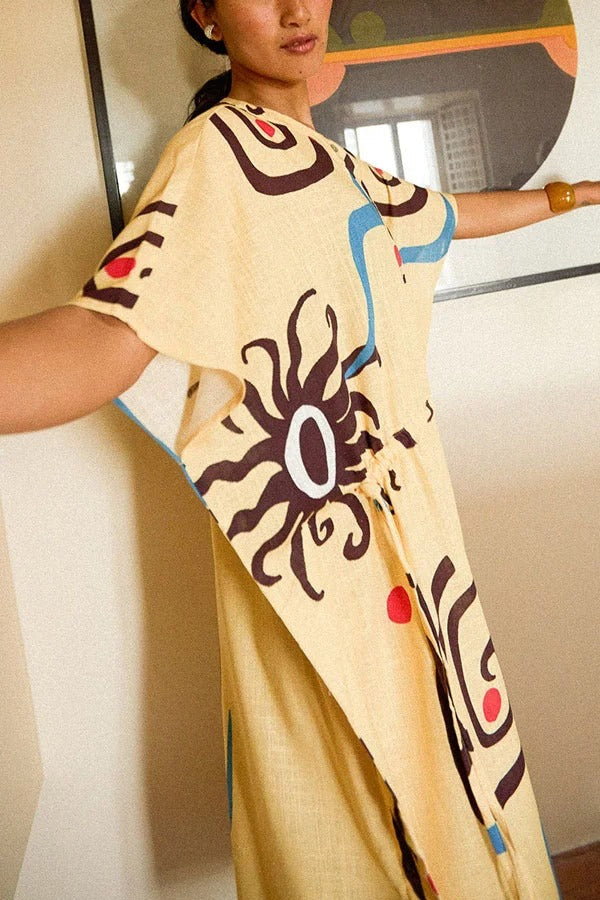 LB | Helia Linen Blend Unique Print Kaftan Maxi Dress ze sznurkiem w talii