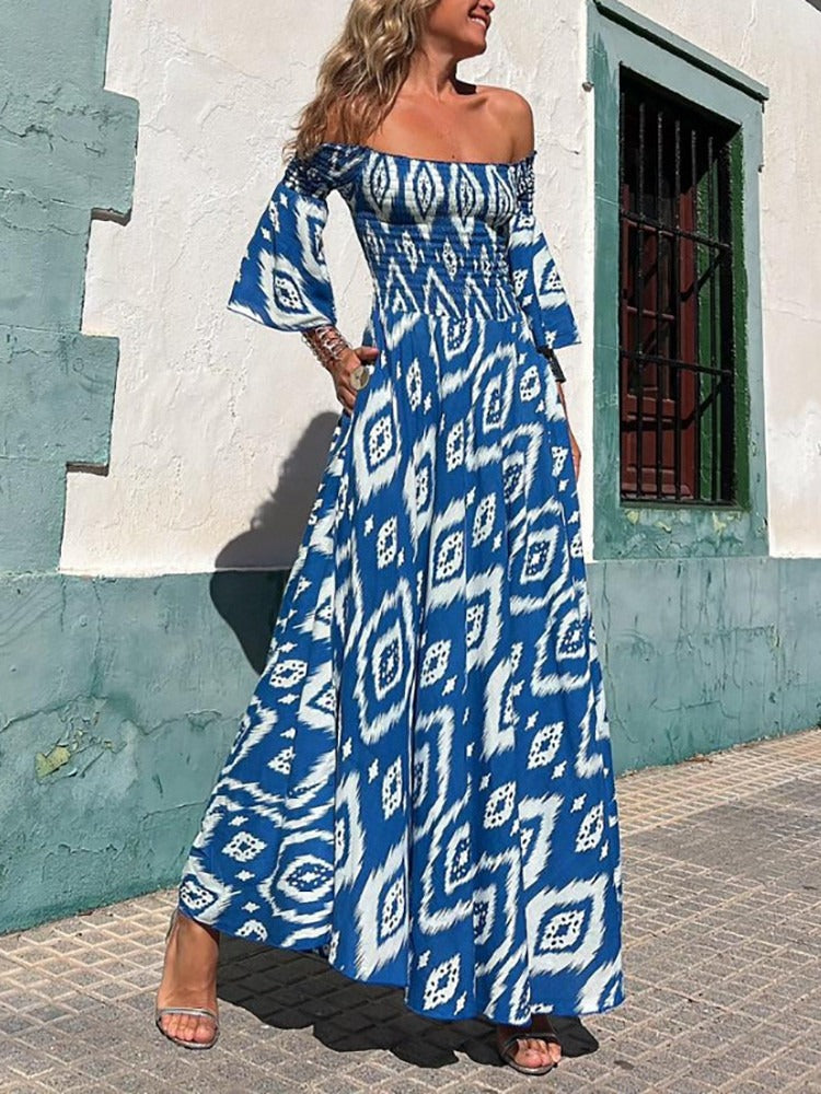 LB | Close To The Vacation Ethnic Print Smocked Off Shoulder Pocketed Maxi Dress