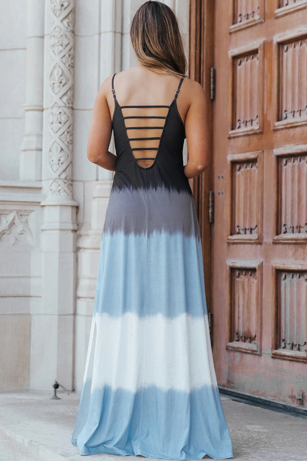 LB | Sky Blue Tie Dye Spaghetti Strap Slit Maxi Dress