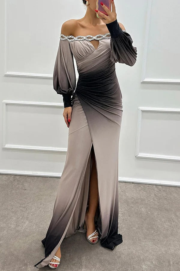 LB | Julieta Gradient Print Boat Neck Off Shoulder Gemstone Detail Slit Dress Maxi Dress