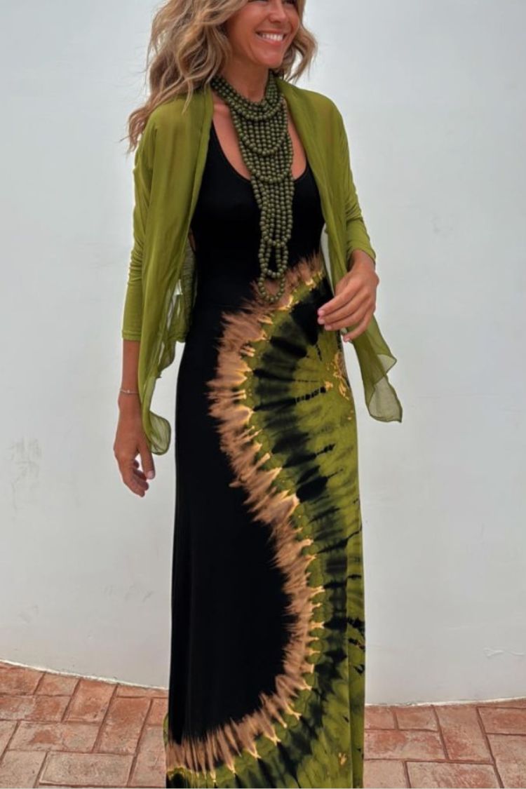 LB | Summer Adventures Tie-dye Print Back Lace-up Stretch Maxi Dress