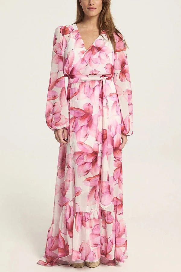 LB | Island Girl Floral Print V-Neck Long Sleeve Tie Slit Holiday Maxi Dress