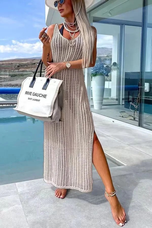 LB | Deserted Island Crochet Knit Cross Back Cover Up Maxi Dress