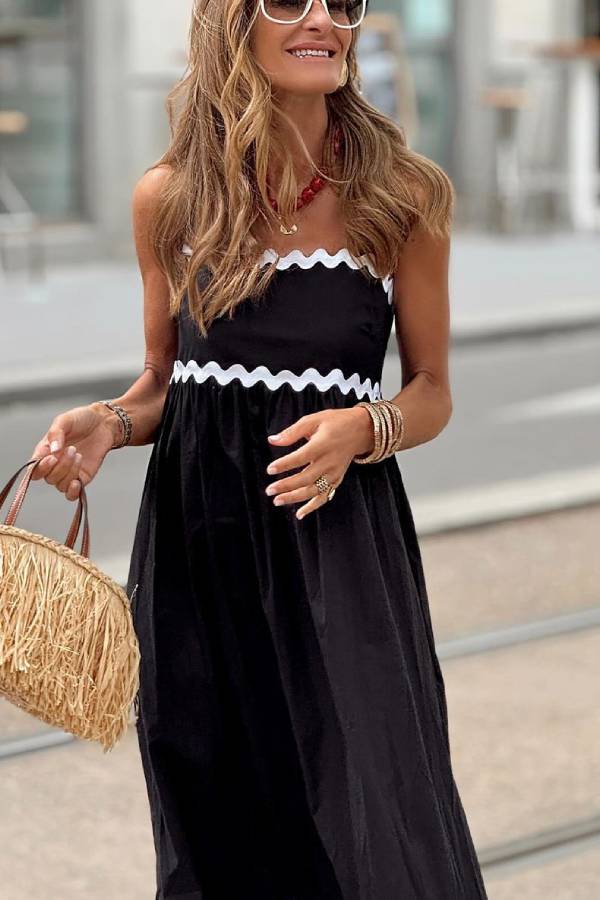 LB | Bayside Beauty Wave Trim Patchwork Back Smocked Suspender Maxi Dress