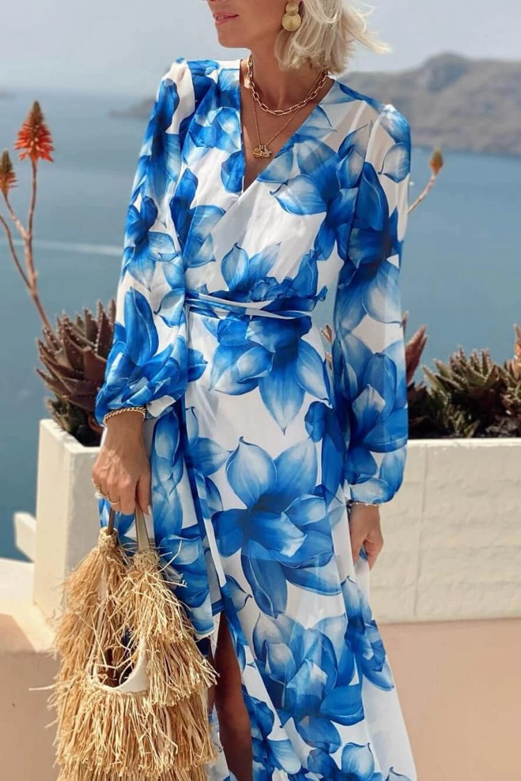 LB | Island Girl Floral Print V-Neck Long Sleeve Tie Slit Holiday Maxi Dress