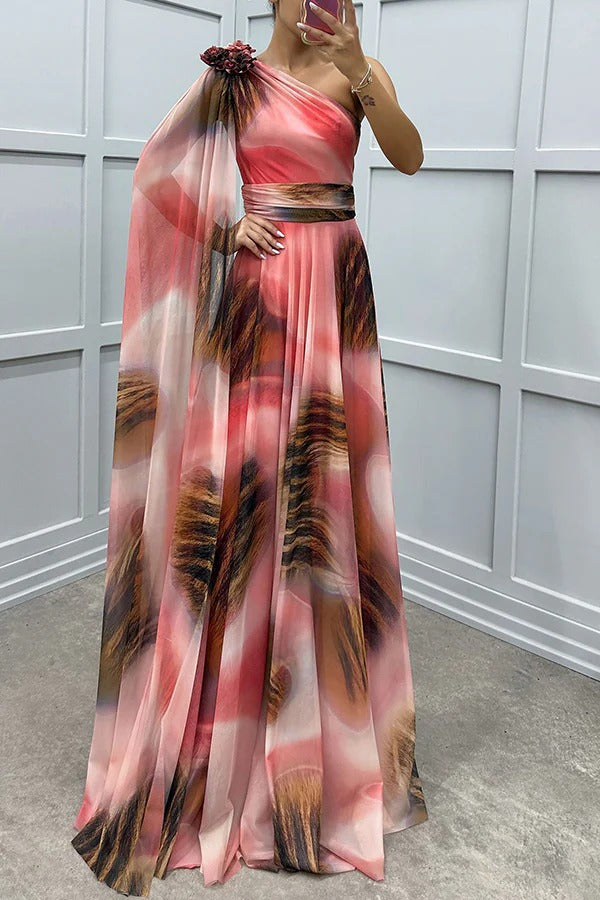 LB | Lucia Unique Print Floral Detail One Shoulder Draped Sleeve Dress Maxi Dress