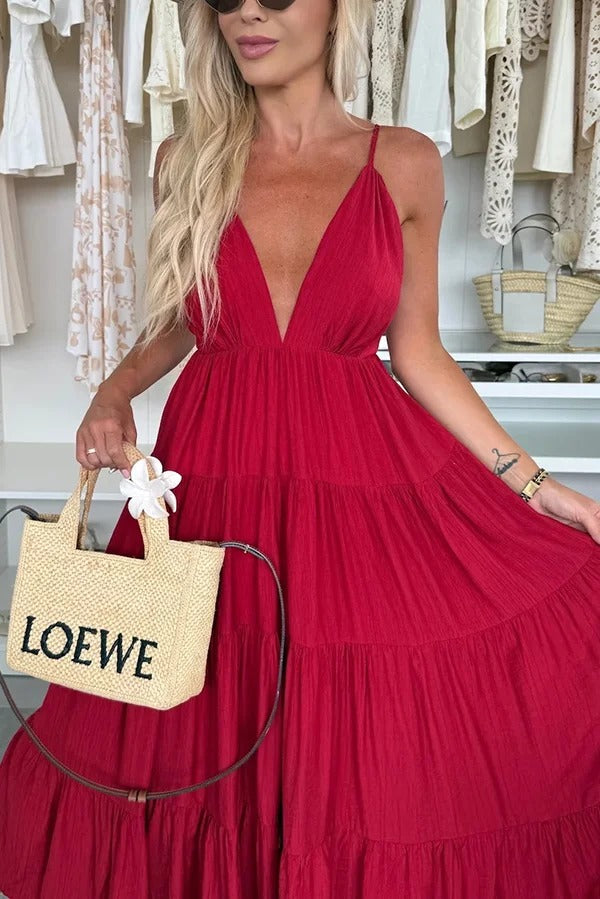 LB | Bohemian Style V-Neck Backless Slip Layered Holiday Maxi Dress