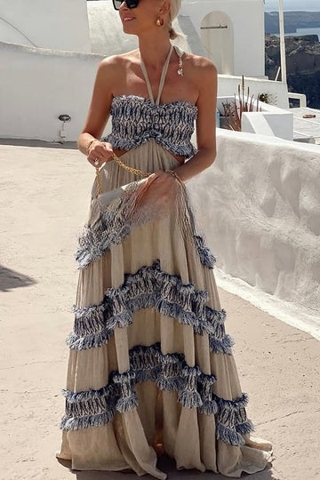 LB | Ultimate Island Linen Blend Fringed Patchwork Neckline Halter Maxi Dress