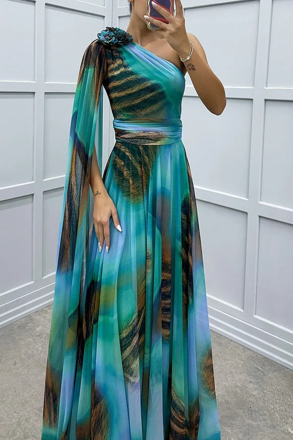 LB | Lucia Unique Print Floral Detail One Shoulder Draped Sleeve Dress Maxi Dress