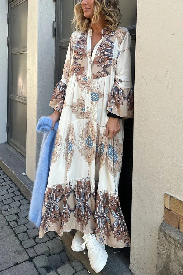 LB | Gracie Paisley Print Button Up Bell Sleeve A-line Maxi Dress