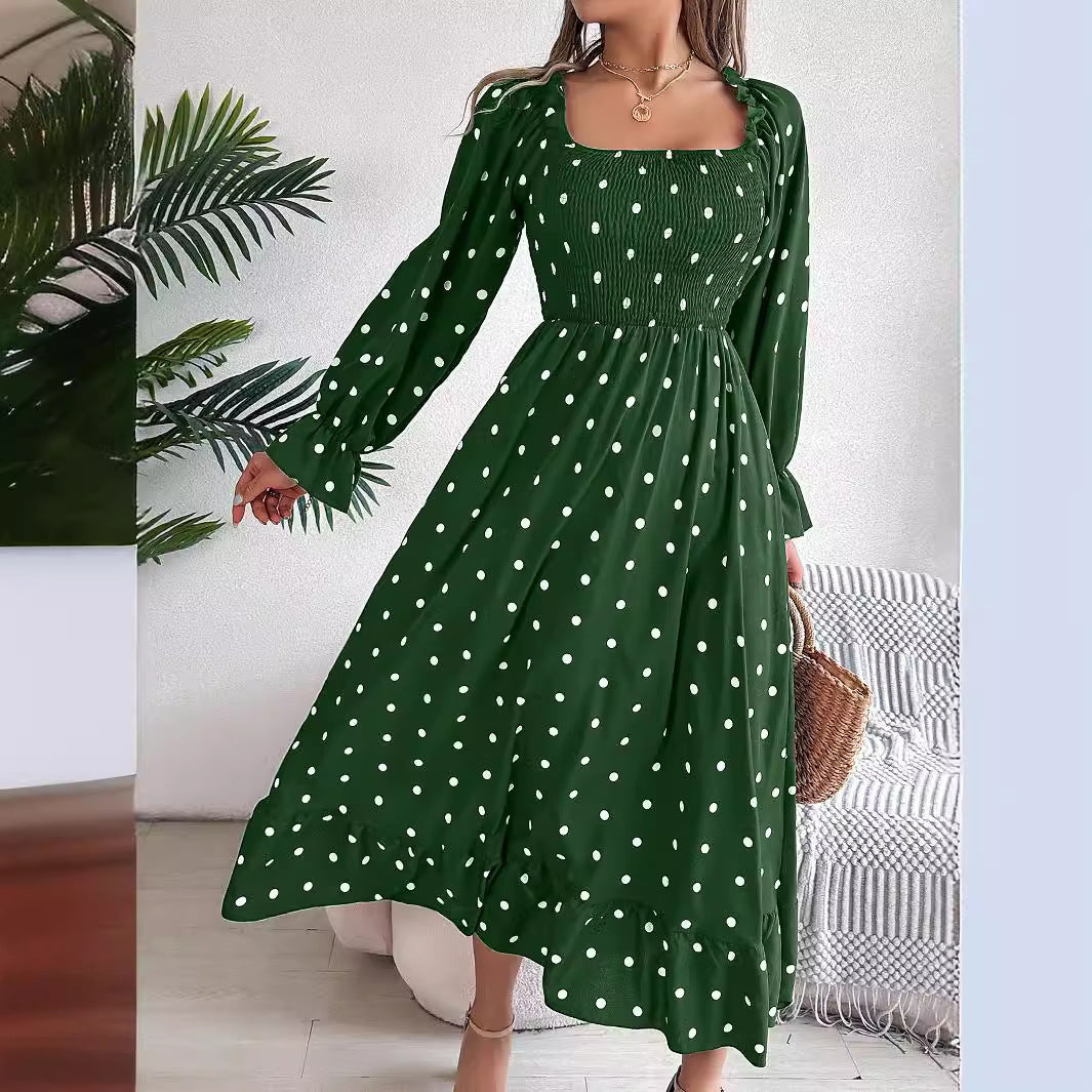 AS | Casual Square Collar Polka Dot Swing Dress s dřevěnýma ušima