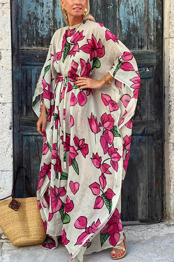 LB | Floral Print Dolman Sleeve with Belt Luźna sukienka maxi