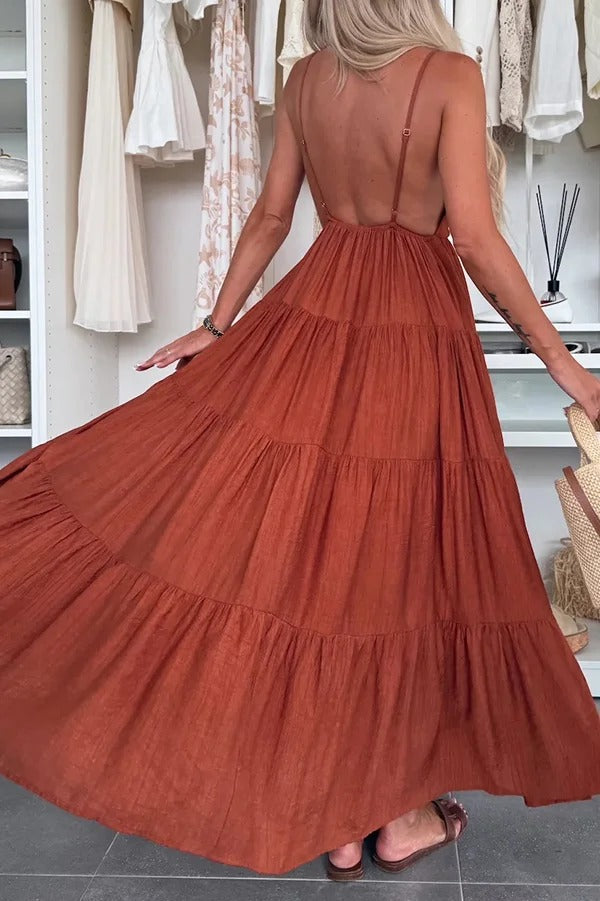 LB | Bohemian Style V-Neck Backless Slip Layered Holiday Maxi Dress