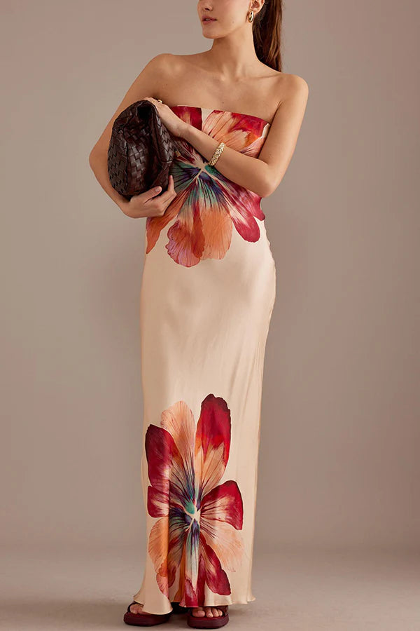 LB | Charming Lady Satin Floral Print Bandeau Luźna sukienka maxi