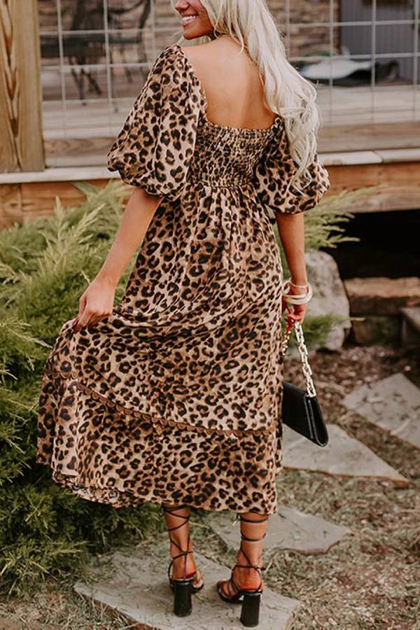 LB | Brown Leopard Print Puff Sleeve Ricrac Maxi Dress