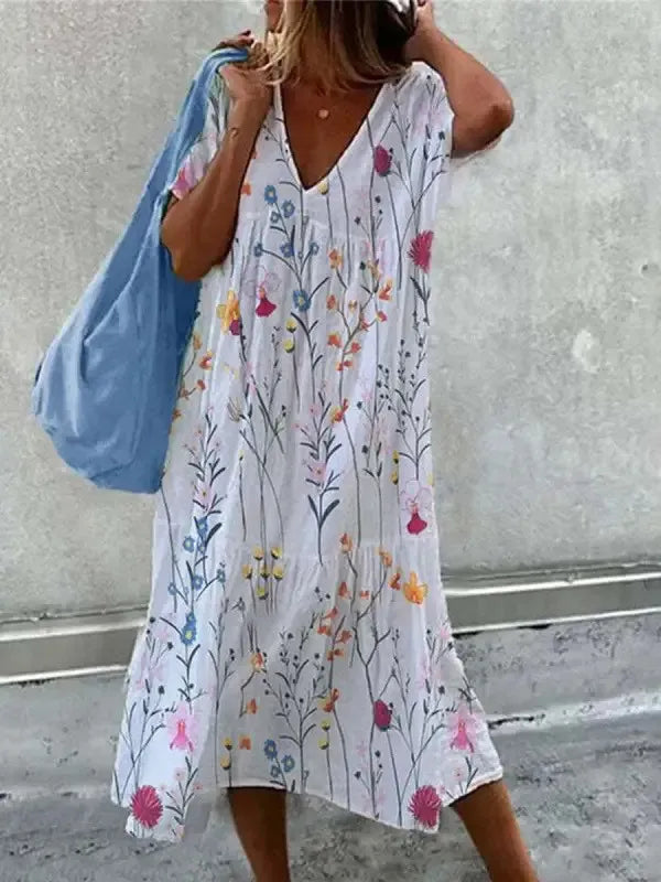 AS | Boho sukienka plażowa dla kobiet Letnia sukienka z dekoltem w szpic i krótkimi rękawami w kwiatowy wzór