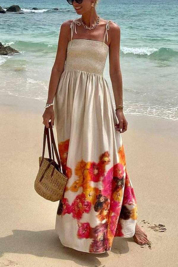 LB | Hidden Garden Satin Floral Print Smocked Off Shoulder Maxi Dress