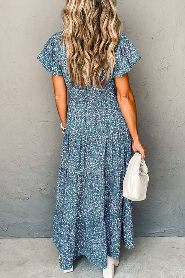 LB | Blue Abstract Print Split V-Neck Shirred High Waist Maxi Dress