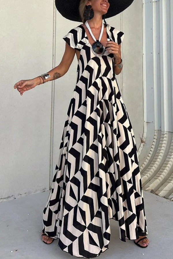 LB | Fresh Breeze Ethnic Unique Print Ruffle Sleeve A-Line Maxi Dress
