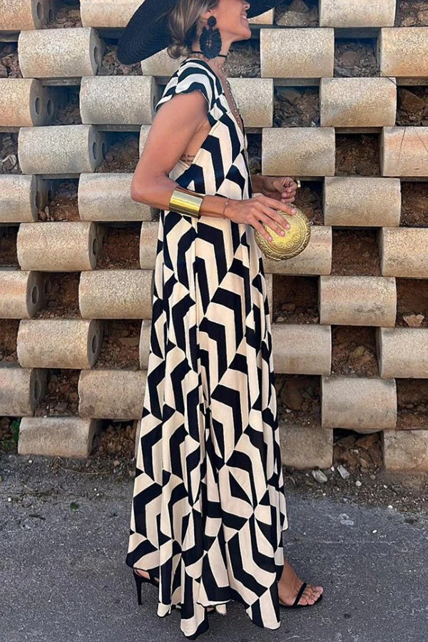LB | Fresh Breeze Ethnic Unique Print Ruffle Sleeve A-Line Maxi Dress