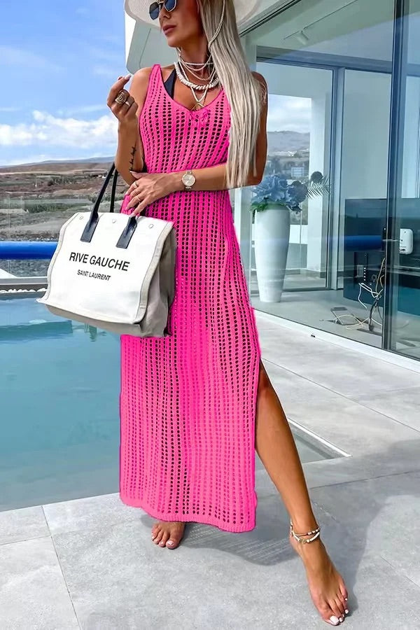 LB | Deserted Island Crochet Knit Cross Back Cover Up Maxi Dress