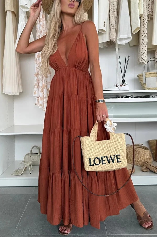 LB | Bohemian Style V-Neck Backless Slip Layered Holiday Maxi Dress