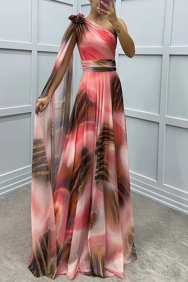 LB | Lucia Unique Print Floral Detail One Shoulder Draped Sleeve Dress Maxi Dress