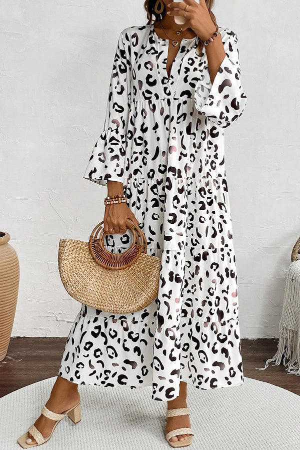 LB | White Leopard Print Notch V Neckline Loose Fit Maxi Dress