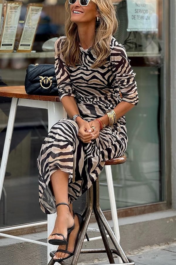 LB | Natural Beauty Mesh Zebra Print Ruffled Stretch Maxi Dress