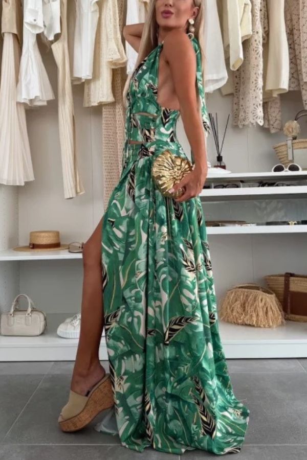 LB | Amazon Scenery Unique Print Tie-up Neckline Waist Ring Halter Slit Maxi Dress