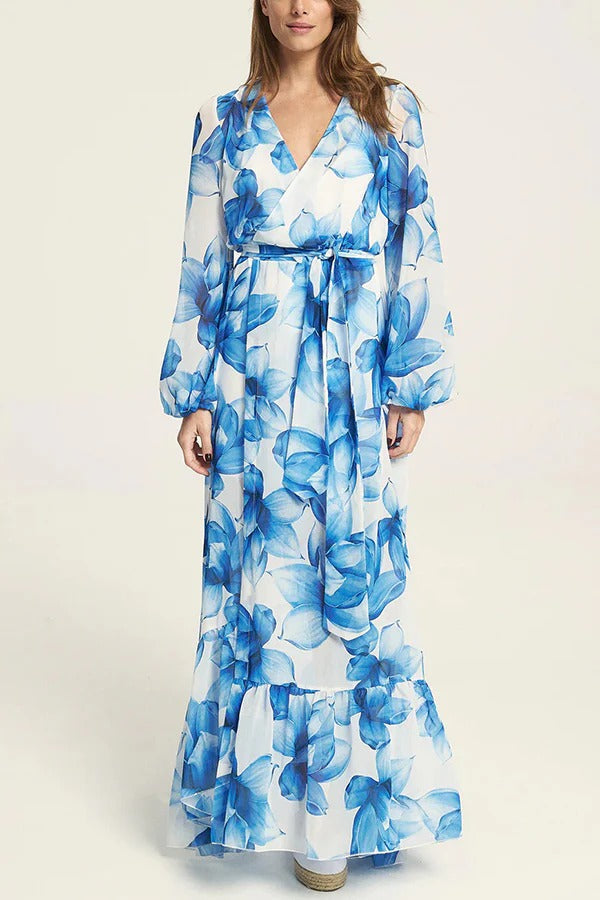 LB | Island Girl Floral Print V-Neck Long Sleeve Tie Slit Holiday Maxi Dress