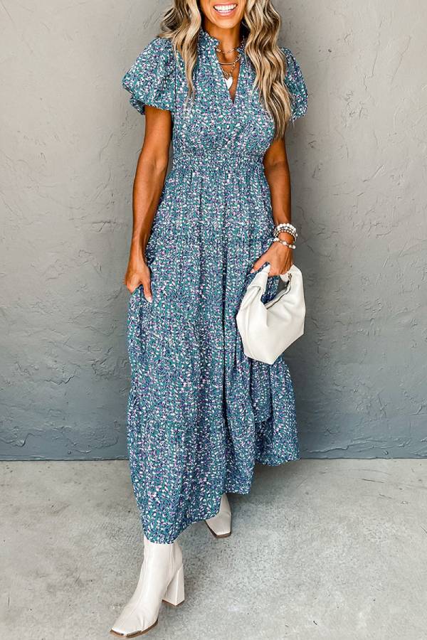 LB | Blue Abstract Print Split V-Neck Shirred High Waist Maxi Dress