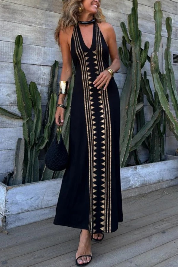 LB | Meret Gold Geometric Print Backless Stretch Maxi Dress with Halter